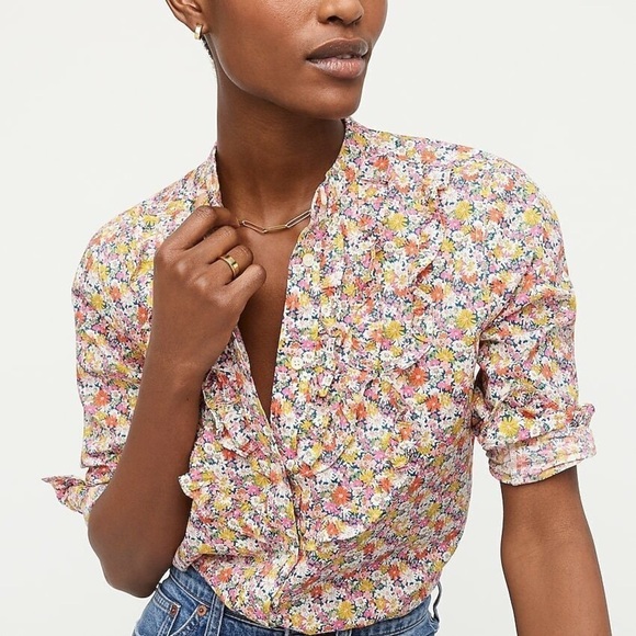 J. Crew Tops - Floral Ruffle-Trim Button-Down Blouse - Pink Multi